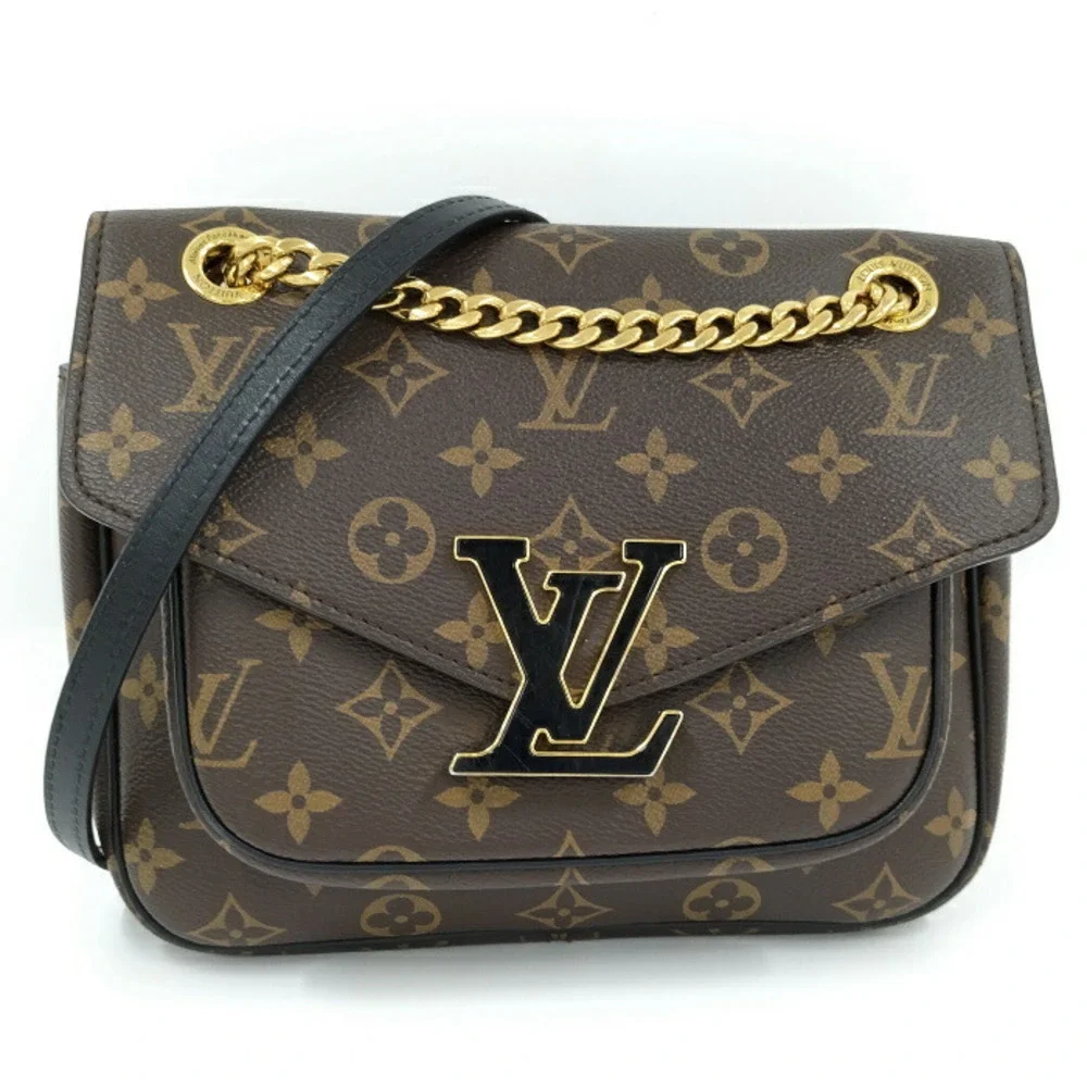 Louis Vuitton Monogram Canvas Shoulder Bag with Gold Hardware and Black Strap
